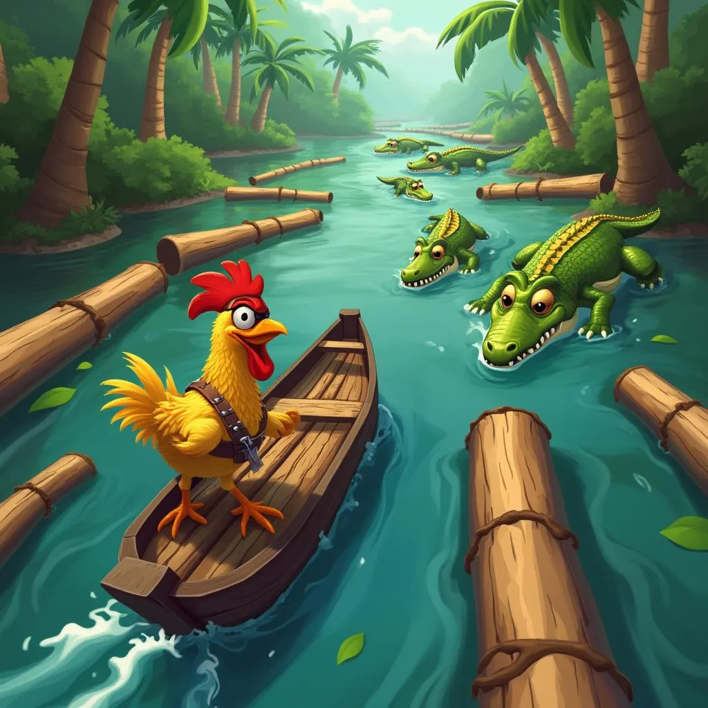 A chicken character in a unique game environment