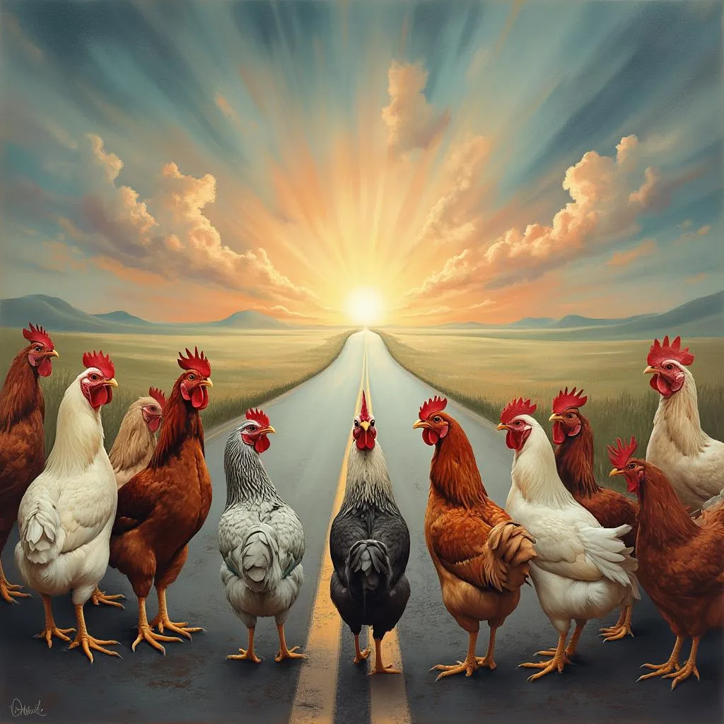 Panoramic view of diverse chicken characters looking over a stylized road network